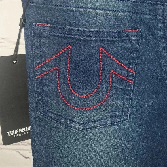 True Religion Halle Mid Rise Super Skinny Blue Jeans Red Stiching Size 12 NWT🔥 - Picture 2 of 16